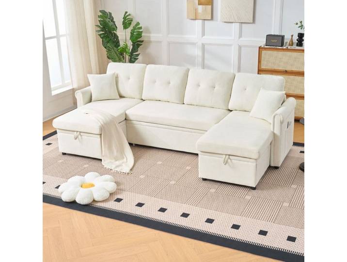 Modenuit Canapé convertible d'angle U 4 places chenille beige coffre de rangement
