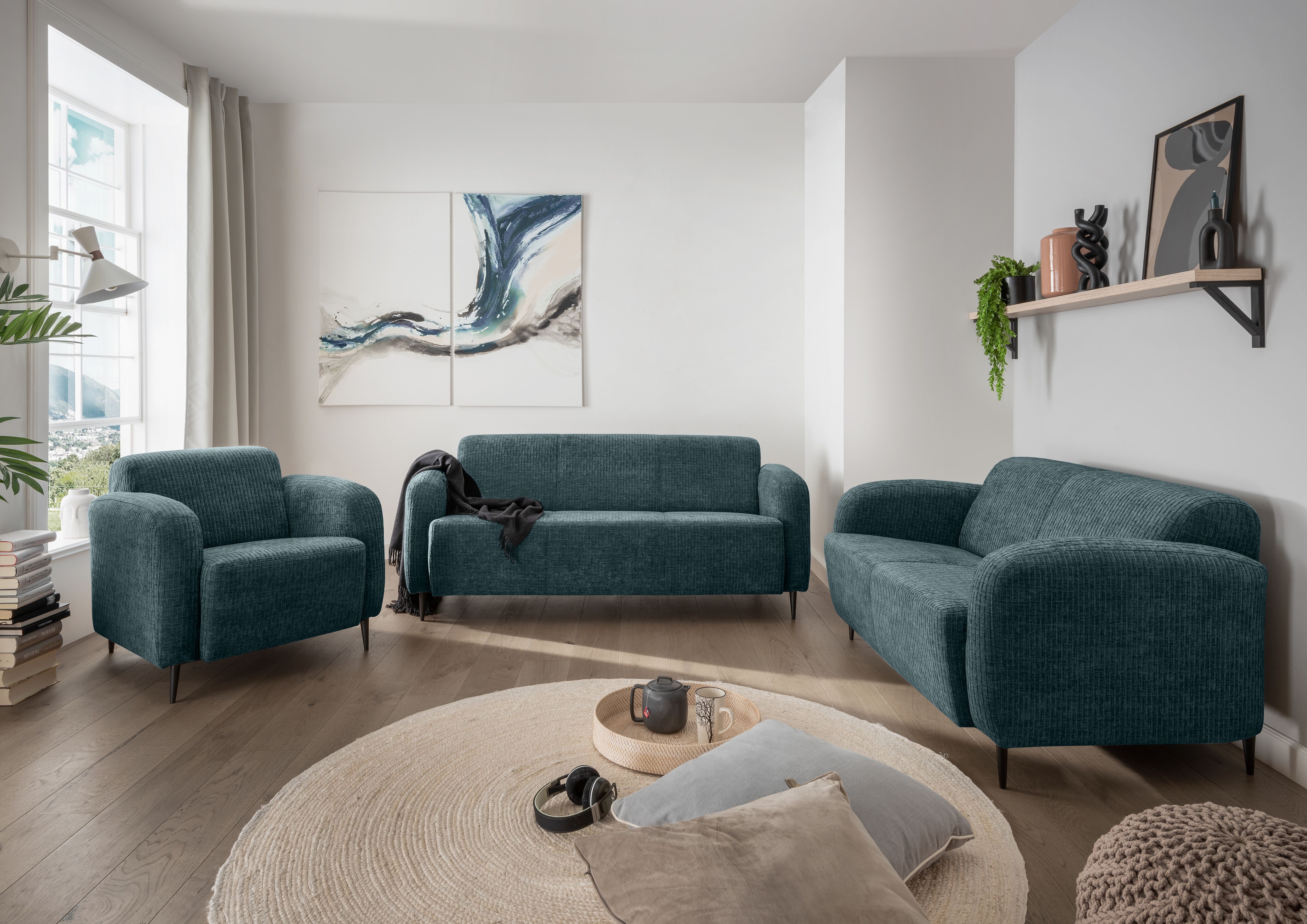 Polstergarnitur HOME AFFAIRE "Marone Set: 3er + 2er + Sessel, bequem, zeitlos & elegant, bodenfrei", blau (ocean, ocean), H:76cm T:90cm, 100% Polyester, Sitzmöbel-Sets, Polstergarnitur, auch einzeln erhältlich ocean, ocean B/H/T: 76cm x 90cm, Velours, Set