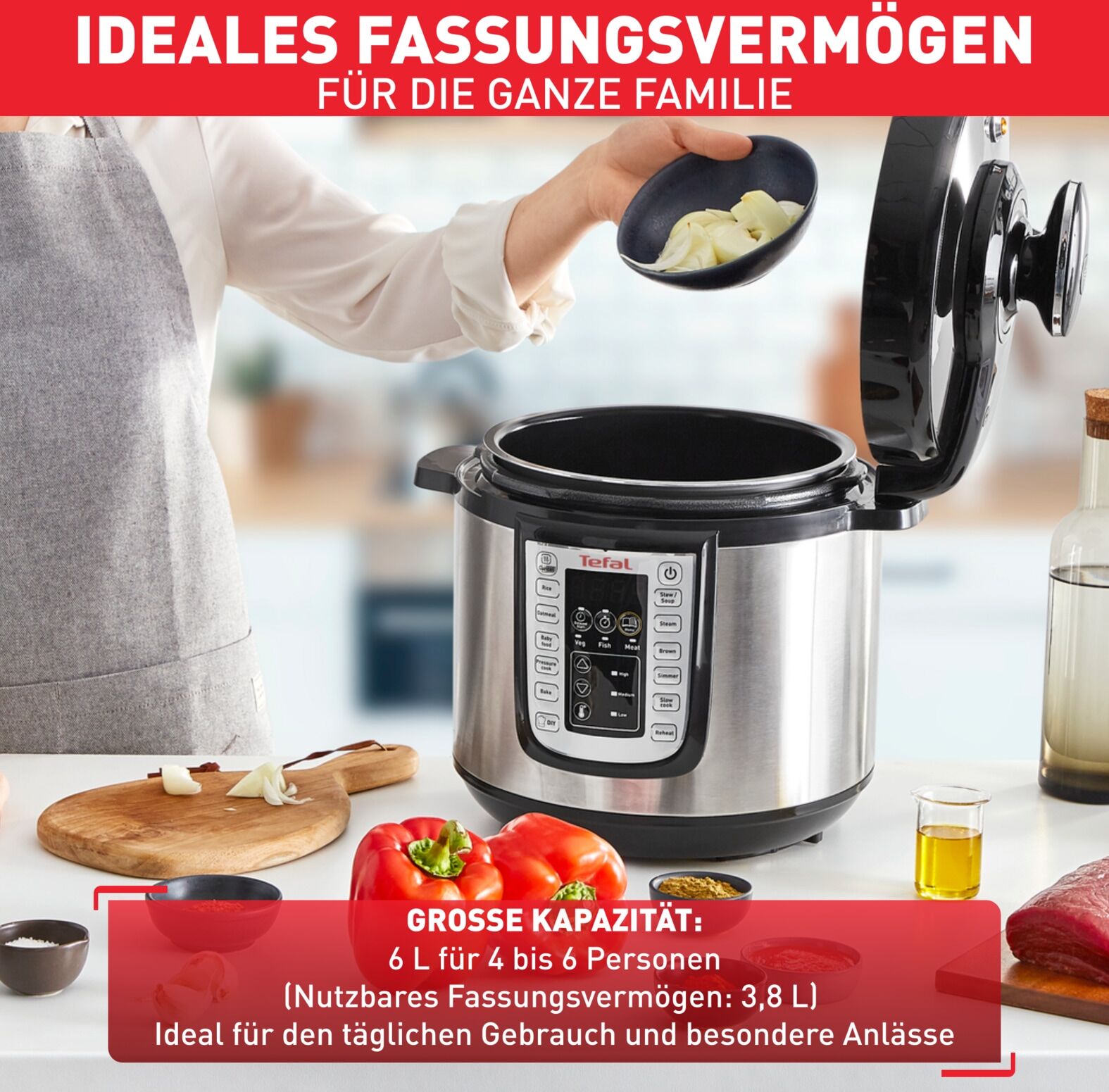 Tefal Multikocher "Fast & Delicious inkl. Reislöffel, Untersetzer, Messbecher & Rezepten", silber (schwarz, silberfarben), B:32,1cm H:37,3cm T:32,1cm, Küchenmaschinen, Schnellkochtopf/ Heißluftfritteuse, 25 automatische Programme, CY505E, Multikocher