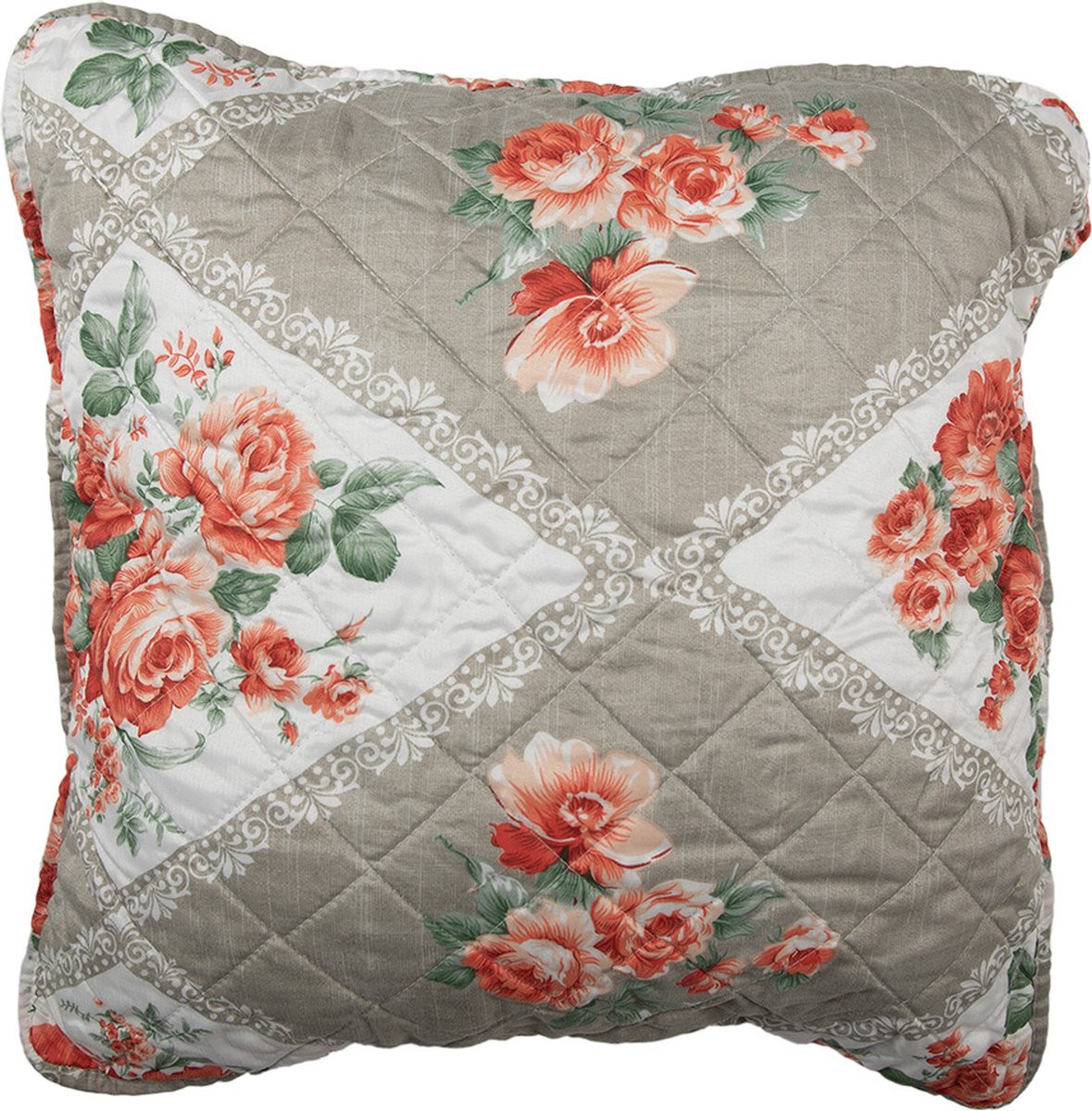 Clayre & Eef Kussenhoes Bloemen Grijs Roze Katoen 50x50 cm