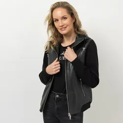 STRANDFEIN Lederjacke mit Lederkapuze gestrickte Ärmel figurumspielend