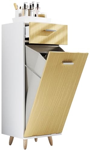 VCM Landos badkamerkast met wasmand in wit en eikenhout look, Breedte: 40 cm, Diepte: 35 cm, Hoogte: 40 cm