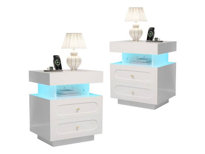 Table de nuit Armoire de nuit avec éclairage LED Kommode de nuit avec 2 tiroirs 1 espace de stockage ouvert Blanc B100/T40/H60 c