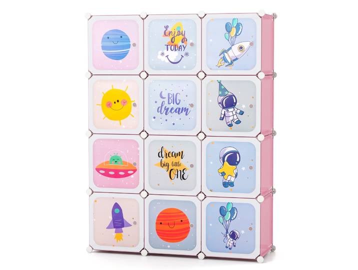 Armoire pour enfants, système d'étagères en plastique avec 12 cubes, étagère extensible pour enfants avec portes et 2 cintres
