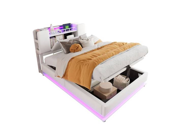 Lit enfant capitonné - 90x200 - LED intégrée - Coffre hydraulique - USB