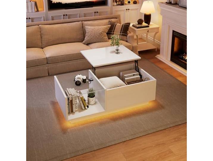 Couchtisch Höhenverstellbar, Couchtisch Holz mit Hebeplatte, Offenem Stauraum und Glas Ablagen, Wohnzimmertisch mit LED-Beleuchtung und Bluetooth-APP-Steuerung, Weißer Kaffeetisch für Wohnzimmer