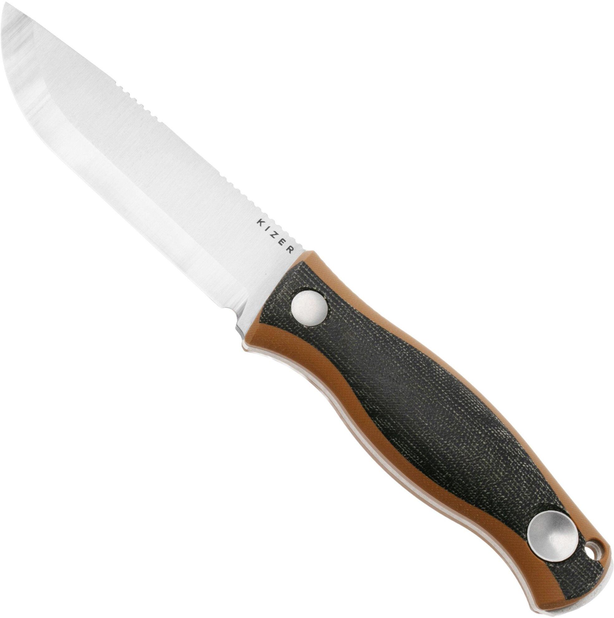 Kizer Polaris 1100A1, Satin AEB-L, Brown G10 / Black Micarta coltello fisso, Azo design