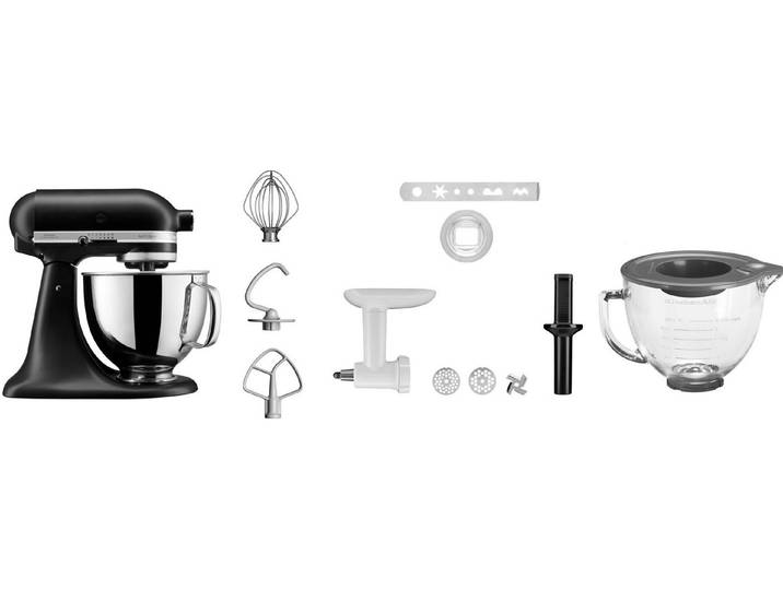 KitchenAid Küchenmaschine 5KSM125EBM SCHWARZ MATT, 300 W, 4,8 l Schüssel, Gratis Fleischwolf, Schüssel, Spritzgebäckvorsatz (Wert: ca.238,- UVP)