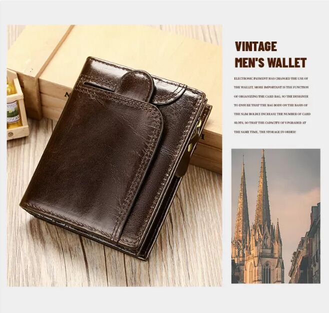 INF RFID-blockierende Lederbrieftasche für Herren, schlanke Brieftasche mit Münzfach Kaffee