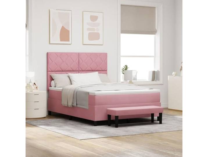 SKTQYQO Boxspringbett mit Matratze & Bank Rosa Bettgestell für Schlafzimmer Bettgestell für Hotels und Studios 160x200 cm Samt