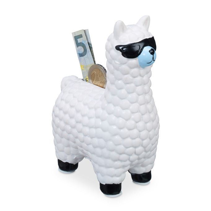 Relaxdays Lama spaarpot met zonnebril, wit keramiek, H x B x D: 15,5 x 11 x 6 cm