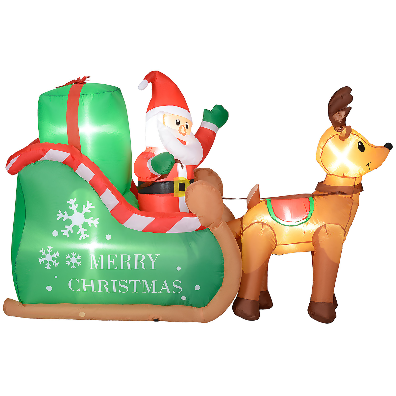 Outsunny Opblaasbare Kerstman met slee en rendier met witte LED-verlichting, H 140 x B 210 x D 80 cm