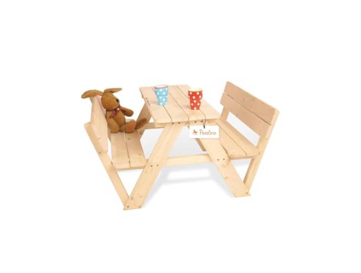 PINOLINO Nicki 4er Kindersitzgruppe mit Lehne aus Massivholz I Kinder Picknicktisch für Garten & Outdoor I Spieltisch mit Rückenlehnen für 4 Kinder I 90 x 105 x 51 cm