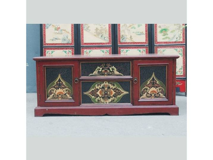 Luxury-Park-Direct Kommode China 1950 Lowboards Anrichte Pinie aufwaendig bemalte Kassettenfront