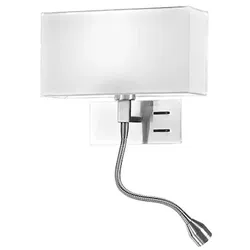 Wandleuchte aus gebürstetem Chrommetall, Serie 10S45882, mit weißem Stoffschirm, E14-Fassung und integrierter LED, linksseitig montierbar – Perenz