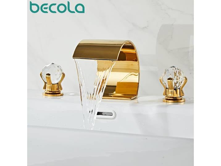 Becola robinet de lavabo de salle de bains doré de luxe pour évier grue cascade robinet mitigeur d'eau chaude et froide à double poignée en Cristal