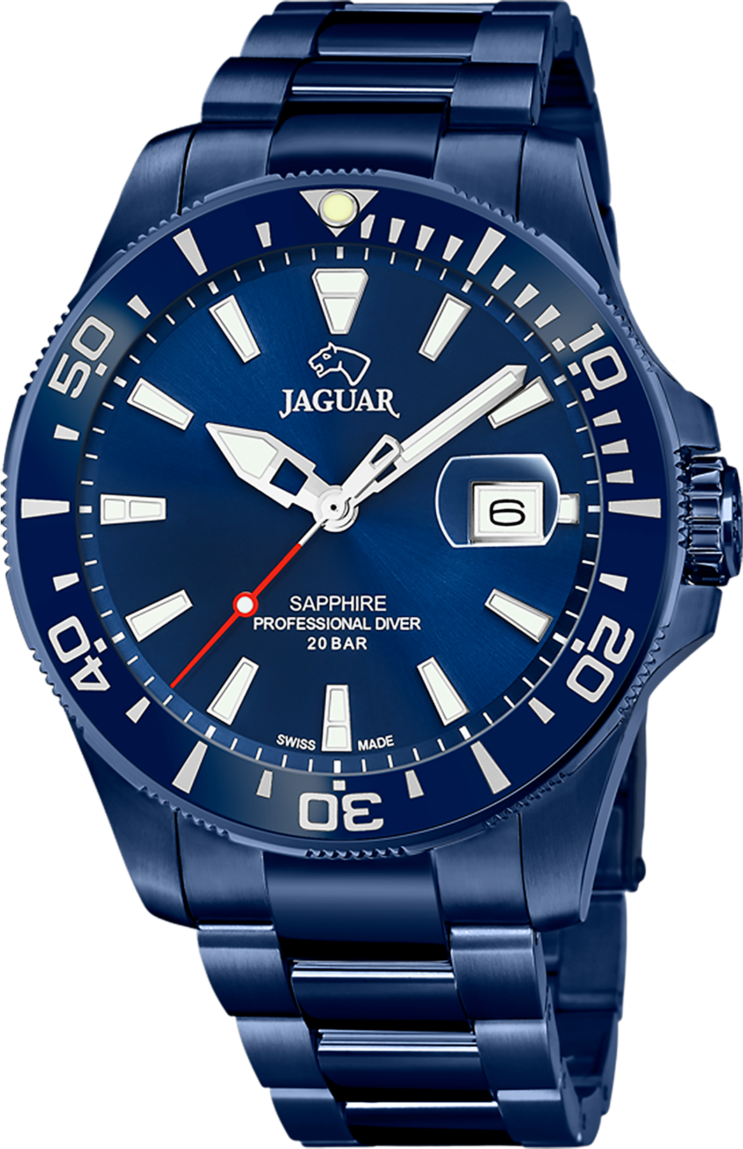 Quarzuhr JAGUAR "Diver", blau (blau, blau), Armbanduhren, Herren, blau, Quarzuhr, Armbanduhr, Herrenuhr, Swiss Made, Edelstahlarmband, analog, Tag