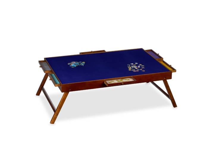Puzzletisch mit 6 Schubladen Braun-Creme-Dunkelblau