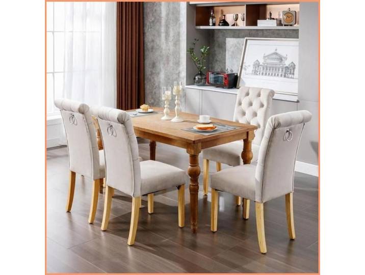 Ensemble de 4 chaises de salle à manger velours - Pieds en chêne - Détails boutons/chrome - Beige
