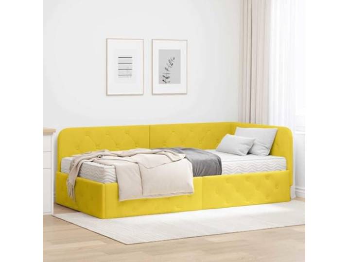 RJPLMFV Eckbettgestell, Gelb, 100 x 200 cm, Velours Kopfteil wendbar, Lattenrost inklusive, platzsparendes Design, Pflege durch Trockentuch