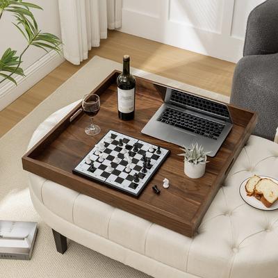 KINWELL Square Black Walnut Wood Serving Tray Ottoman Tray with Handles