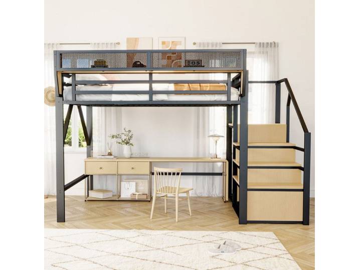 Lit mezzanine en métal avec échelle lit mezzanine enfants 140x200 avec compartiments de rangement lit mezzanine adultes Noir