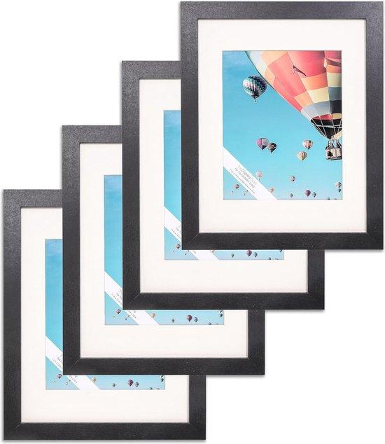 Set von 4 schwarzen Holz-Fotolijsten 11x14 mit gehärtetem Glas und Passepartout - Wanddekoration