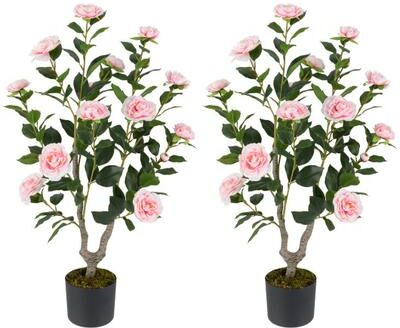 Costway 36 Inch Artificial Camellia Tree with Blooming Flower 2 Pack-Pink