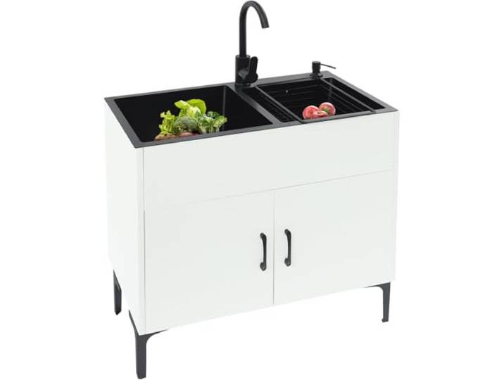 Freistehende Küchenspüle mit Unterschrank und Armatur, Edelstahl Spültisch mit 2 Becken, Abtropffläche und Abflusseinheit, für Küche, Garten, Werkstatt, Waschküche, Camping (Weiß)