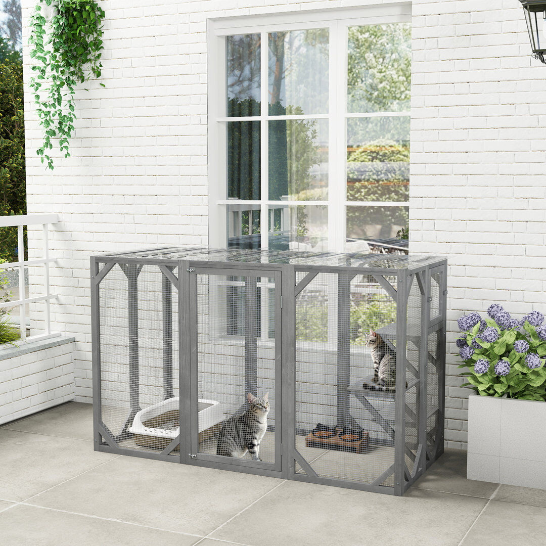 PawHut 71 Wooden Cat House with 3 Platforms Large Door for Multiple Cats Grey 112cm H X 180cm W X 80cm D