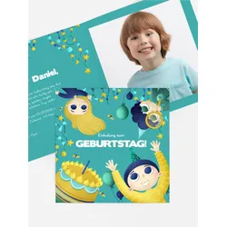 Einladungskarten Kindergeburtstag selbst gestalten mit Spruch und Fotos im Onlinedesigner bei Meine-Kartenmanufaktur.de