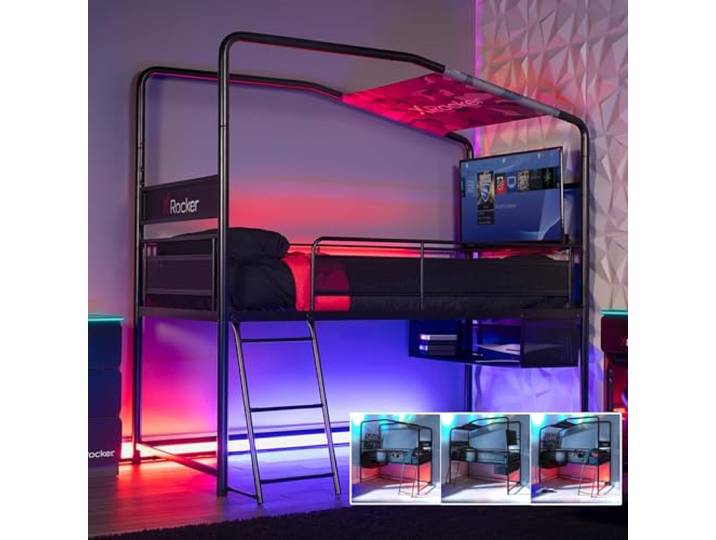 X-Rocker Contra Mittelbett, TV-Gaming-Bett mit Stauraum, 4-Wege-Aufbau, schwarzer Metallbettrahmen mit Leiter. 32-Zoll-TV-Halterung für Jungen und Mädchen, Gaming-Schlafzimmer – SCHWARZ