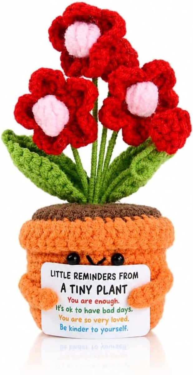 Handgemaakte gehaakte bloem in pot - rood en zwart - textiel