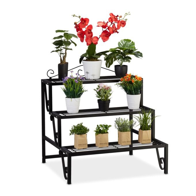 Relaxdays Plantenrek van metaal, 3 etages, zwart, H x B x D: 69 x 70 x 60 cm