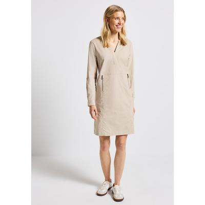 Sommerkleid STREET ONE, Damen, Gr. 34, EURO-Größen, Langarm, Web, beige (malted beige), Web, 100% Baumwolle, unifarben, normal knielang, V-Ausschnitt, Umschlagsaum, Kleider Sommerkleid, in Unifarbe