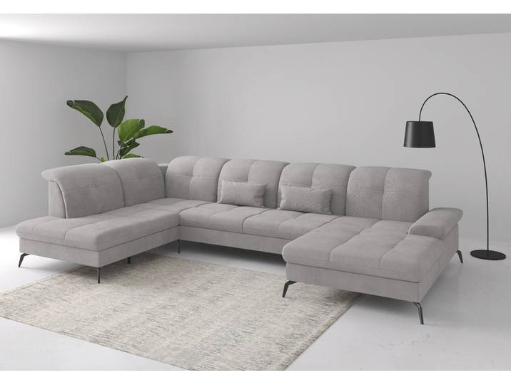 Wohnlandschaft, Polyester, Silber, 357×231 cm, U-Form, Kopfteilverstellung & Bettfunktion, sit&more