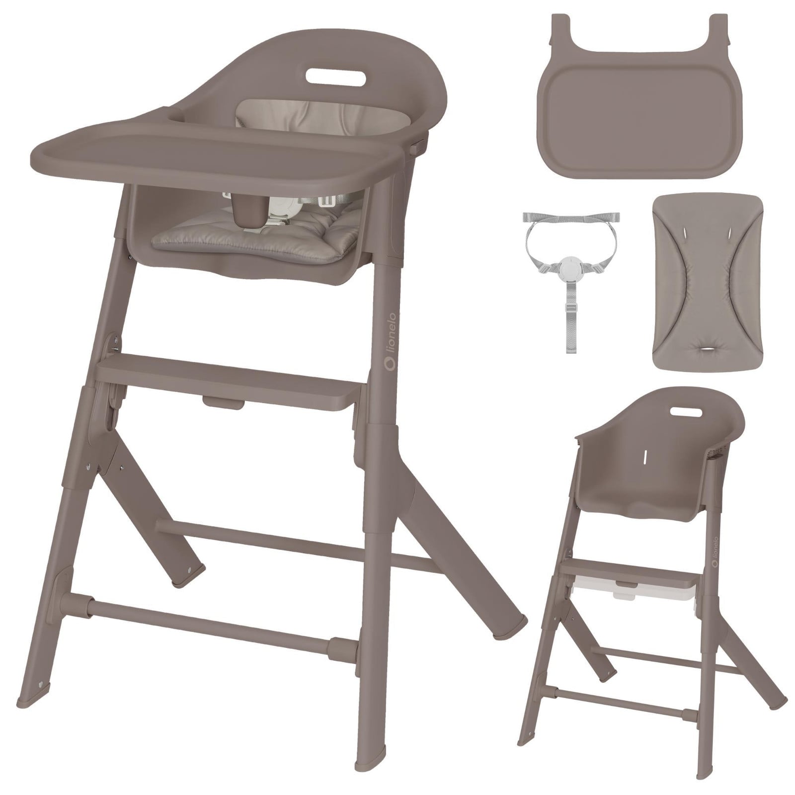 Lionelo Beny kinderstoel met 3-punts veiligheidsgordel, verstelbaar tafelblad en voetsteun, Beige taupe