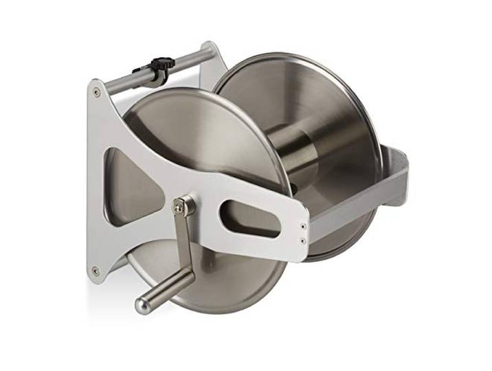 Relaxdays Enrouleur pour Tuyau métal\, Dévidoir Vide\, Acier Inoxydable & Aluminium\, Sol & Mur\, 30\,5x45x36\,5 cm\, argenté
