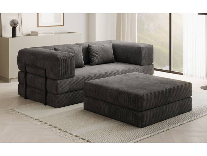 Lazy Spar-Set: 3-Sitzer + Hocker in Cord - Grau - Cord - Luxusbetten24