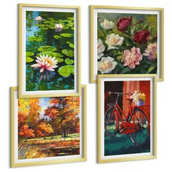BILDER SET 4er Set - 50x50 cm & 40x60 cm Goldrahmen - Herbstfarben Seerosenteich