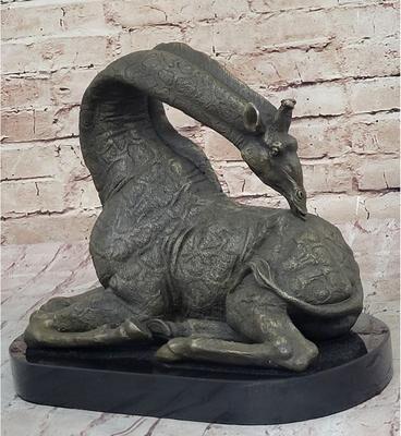 Bronzhaus African Graceful Giraffe Sitting Bronze Sculpture Figurine Signed Marble Base
