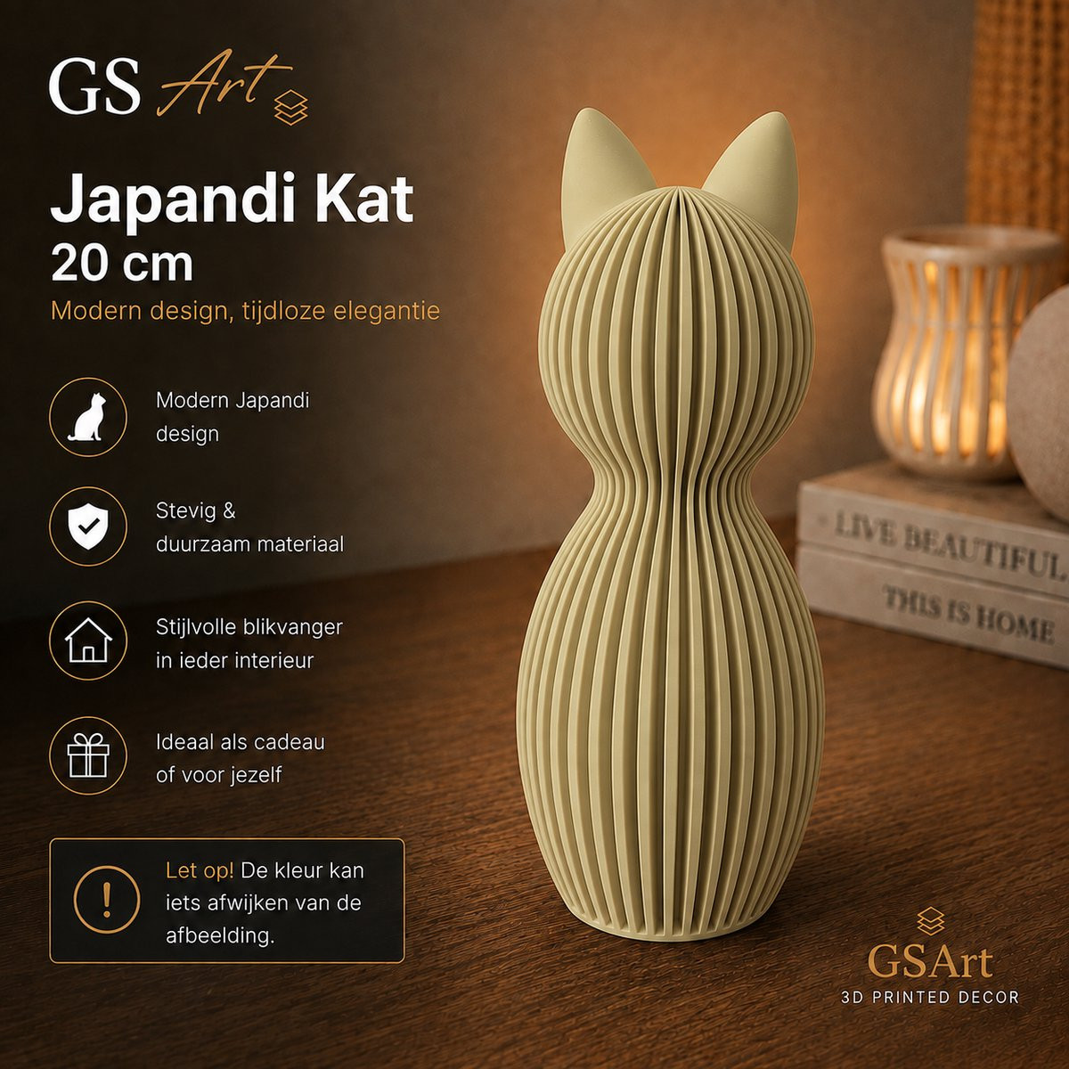 GSArt Japandi Kat Modern 3D Geprint Decoratiebeeld - Mat Woestijnbeige - 20 cm
