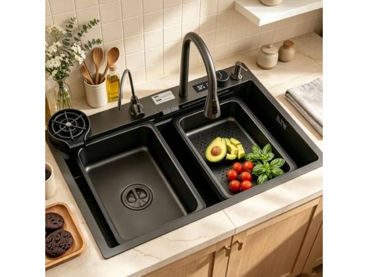 DSMRLEOP Wasserfall spüle, 70x50cm Multifunktionale Spülbecken Schwarz, 1 Becken Spüle Küche Edelstahl Rechteck mit Zubehör wie Abflusskörbe, Siphon und Ablauf-Set,Wasserhahn mit sichtbarer Temperatur