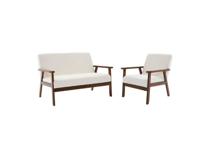 sweeek - Banquette 2 places + fauteuil 1 place bois d'hévéa teinté noyer clair et bouclette ISAK