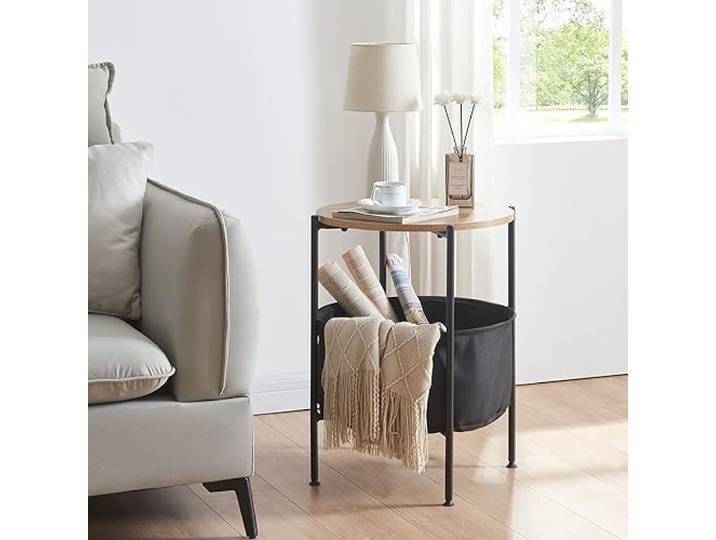 [en.casa] Beistelltisch Suonenjoki mit Ablagekorb Kaffetisch Sofatisch mit Stauraum Nachttisch rund 59x47cm Schwarz/Walnussoptik