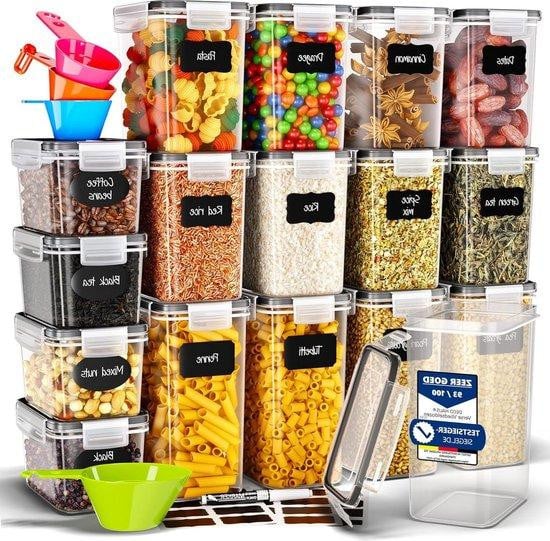 Set van 16 transparante, stapelbare en luchtdichte opbergdozen van plastic voor pasta, muesli en meel, multicolor