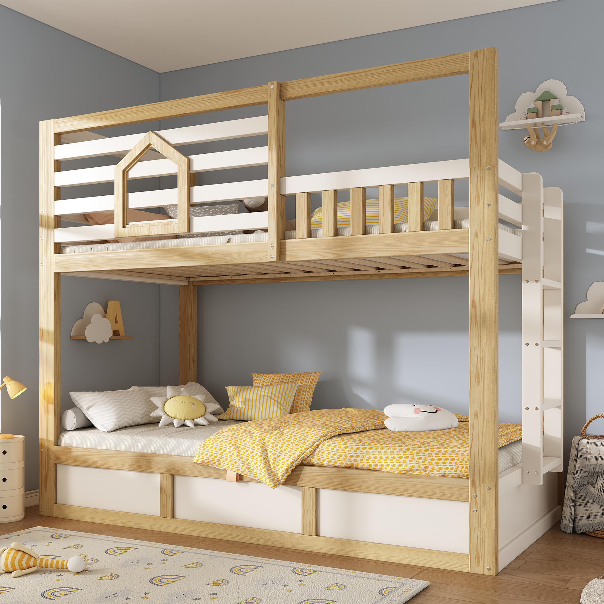 Merax Etagenbett 90x200cm Hüttenstil mit Leiter, Kinderbett mit Sicherheitsgeländer und Hydraulik-Stauraum, Jugendbett aus Kiefer, EN747, Naturholz