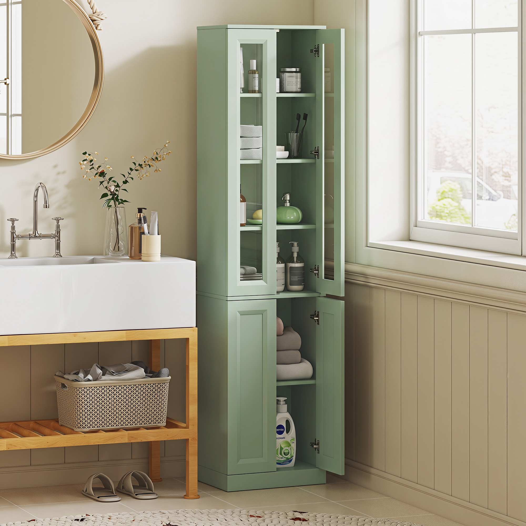 Homcom Mobile bagno alto a 6 ripiani con ripiano regolabile, verde salvia   Aosom Italy