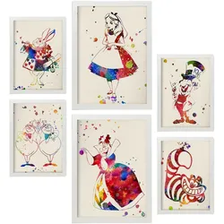 POSTER Set Mit 6 Alice Im Wunderland Illustrationen Im Aquarell Stil Von Klassischen Kindermärchen, Filmen Und Büchern A3 & A4 Weißer Rahmen