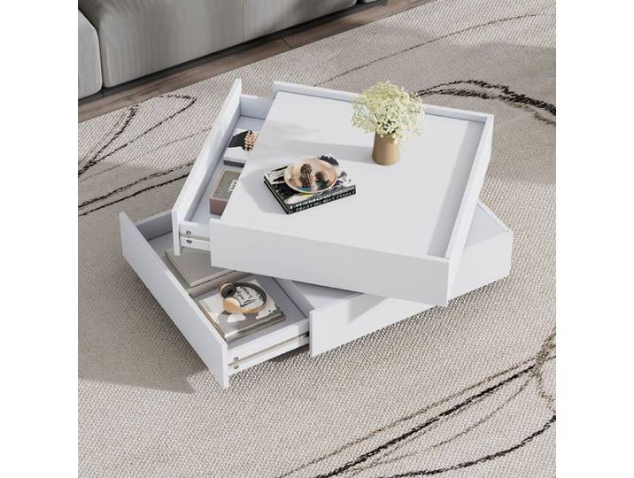 Table basse salon 60x60x38 cm avec plateau rotatif à 360° Table de salon avec 2 étagères et espace de rangement Blanc